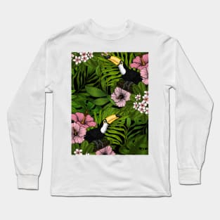 Toucans amd tropical flora, green and pink Long Sleeve T-Shirt